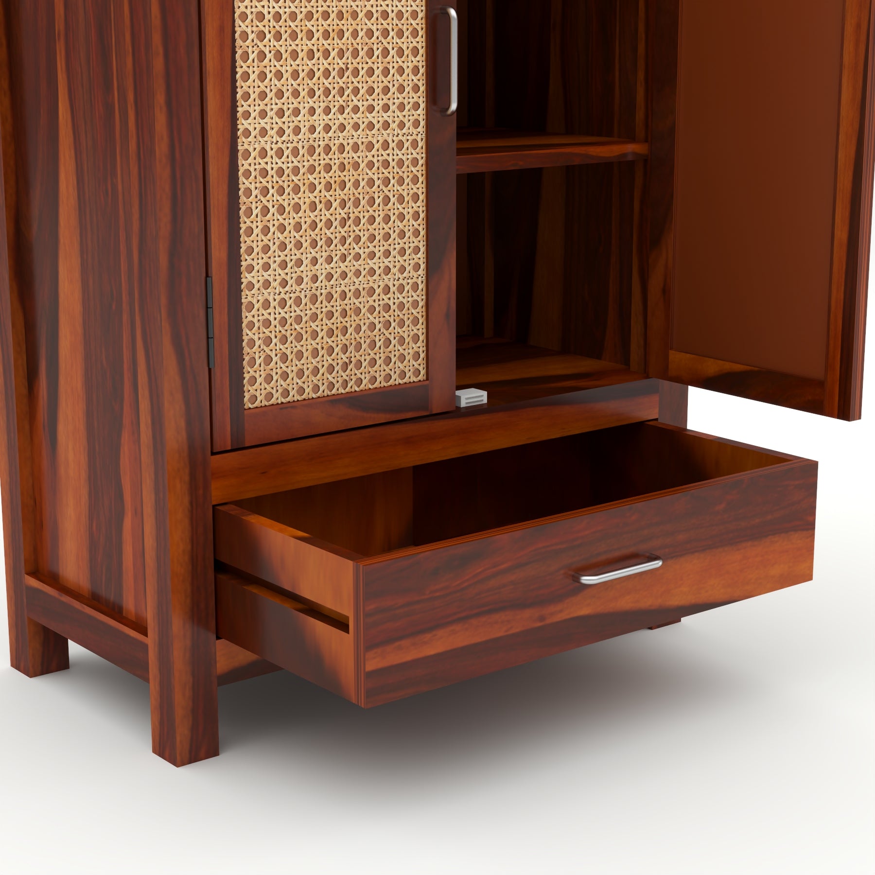 Solid Sheesham Wood Cabinet with Rattan Cane Doors & Drawer – Honey Finish