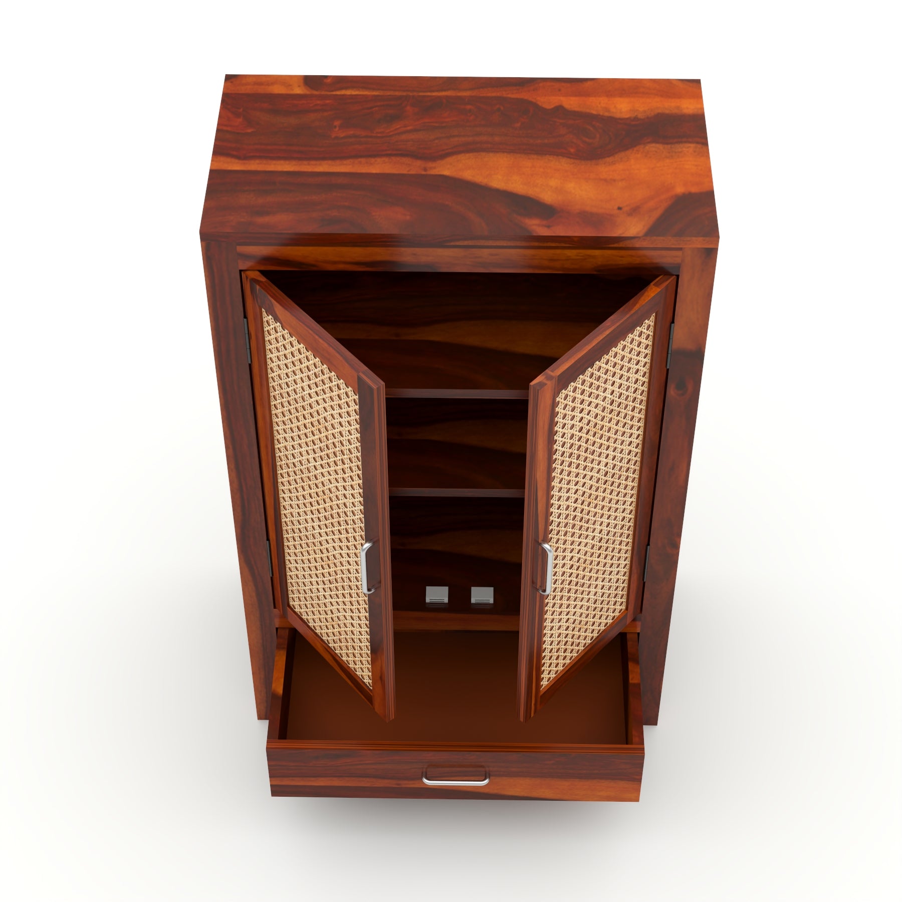 Solid Sheesham Wood Cabinet with Rattan Cane Doors & Drawer – Honey Finish