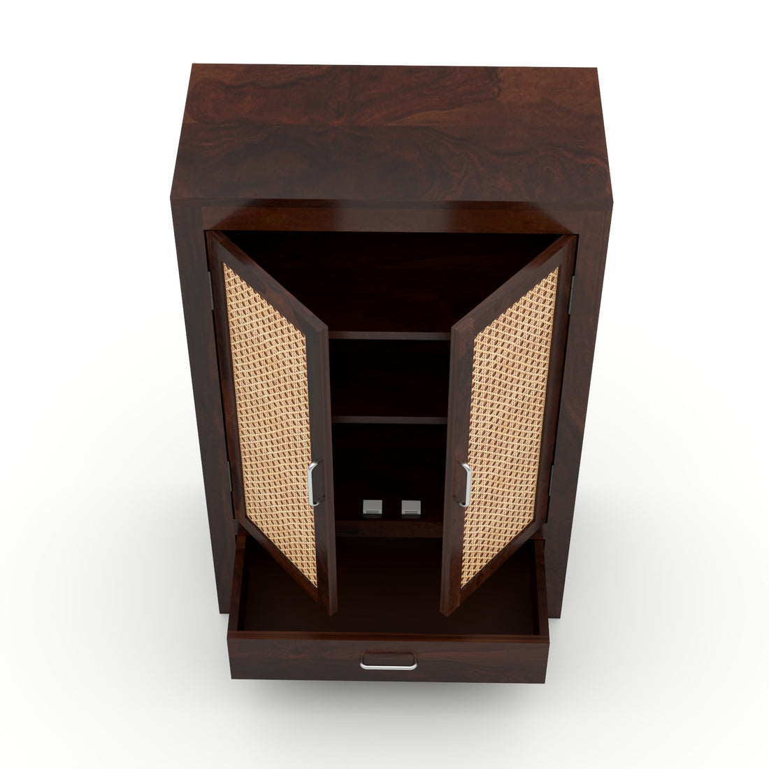 Solid Sheesham Wood Cabinet with Rattan Cane Doors & Drawer – Modern Storage Furniture