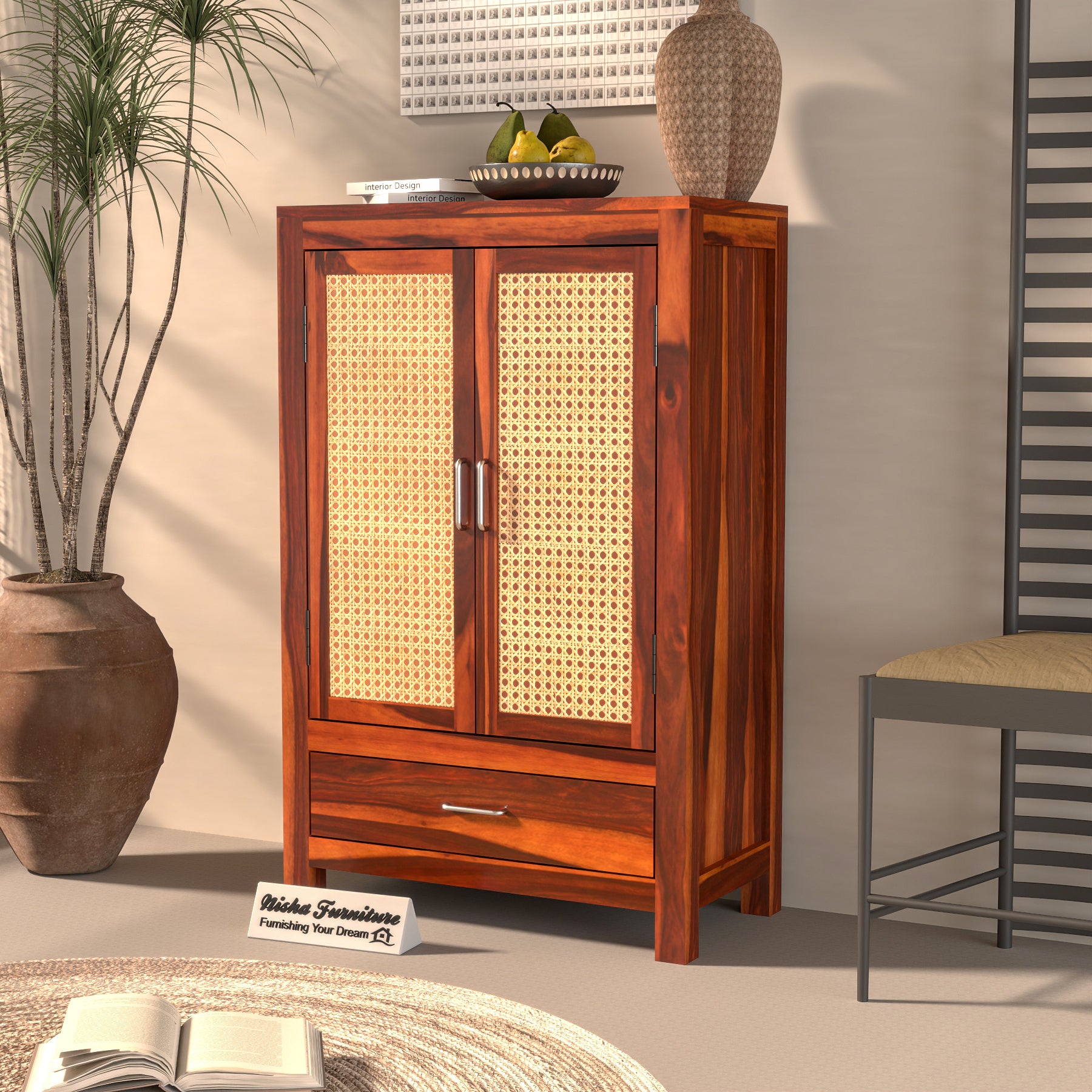 Solid Sheesham Wood Cabinet with Rattan Cane Doors & Drawer – Honey Finish