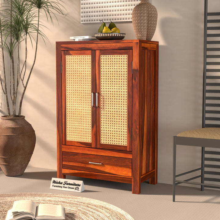 Solid Sheesham Wood Cabinet with Rattan Cane Doors & Drawer – Honey Finish