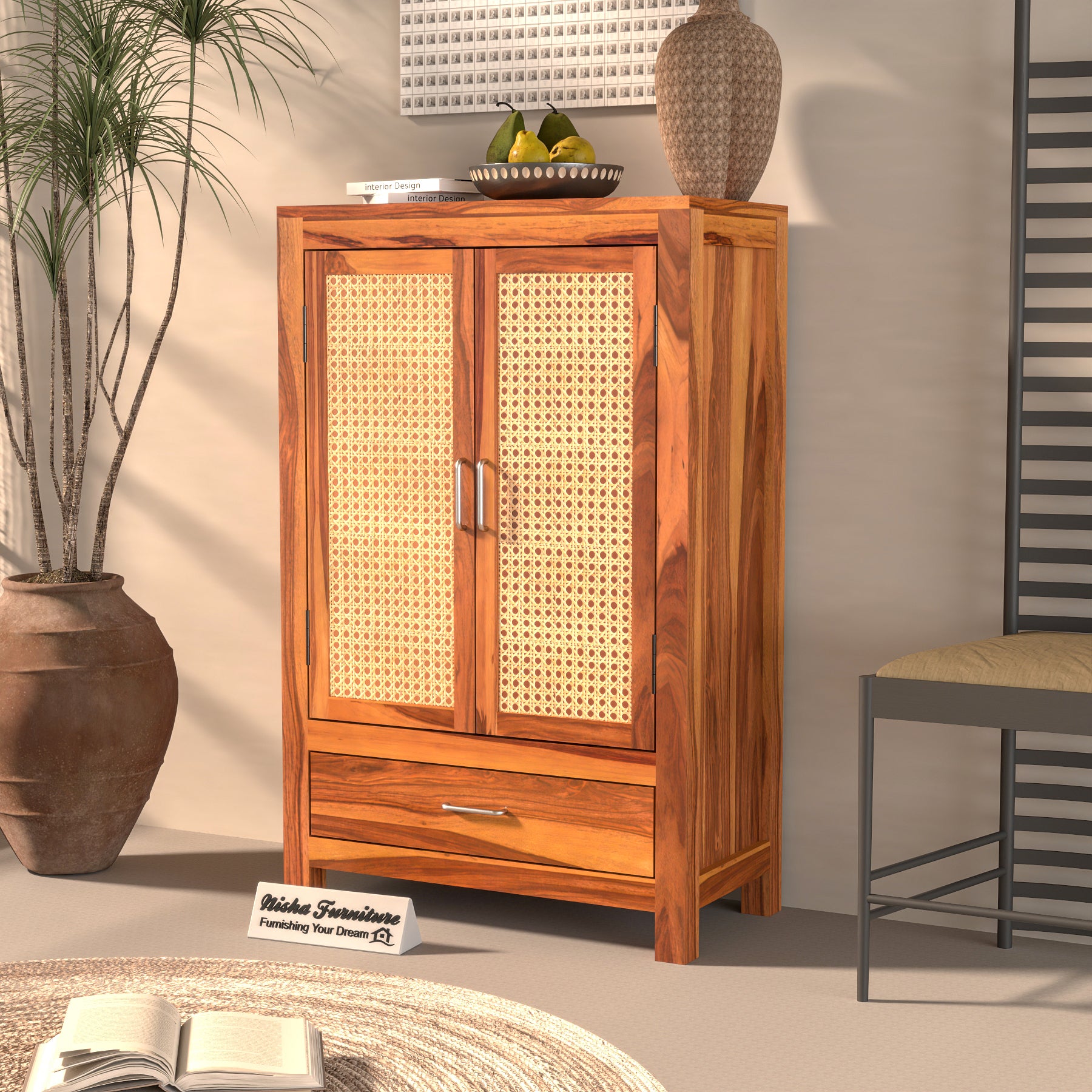 Solid Sheesham Wood Cabinet with Rattan Cane Doors & Drawer – Natural Finish