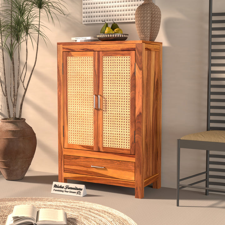 Solid Sheesham Wood Cabinet with Rattan Cane Doors & Drawer – Natural Finish