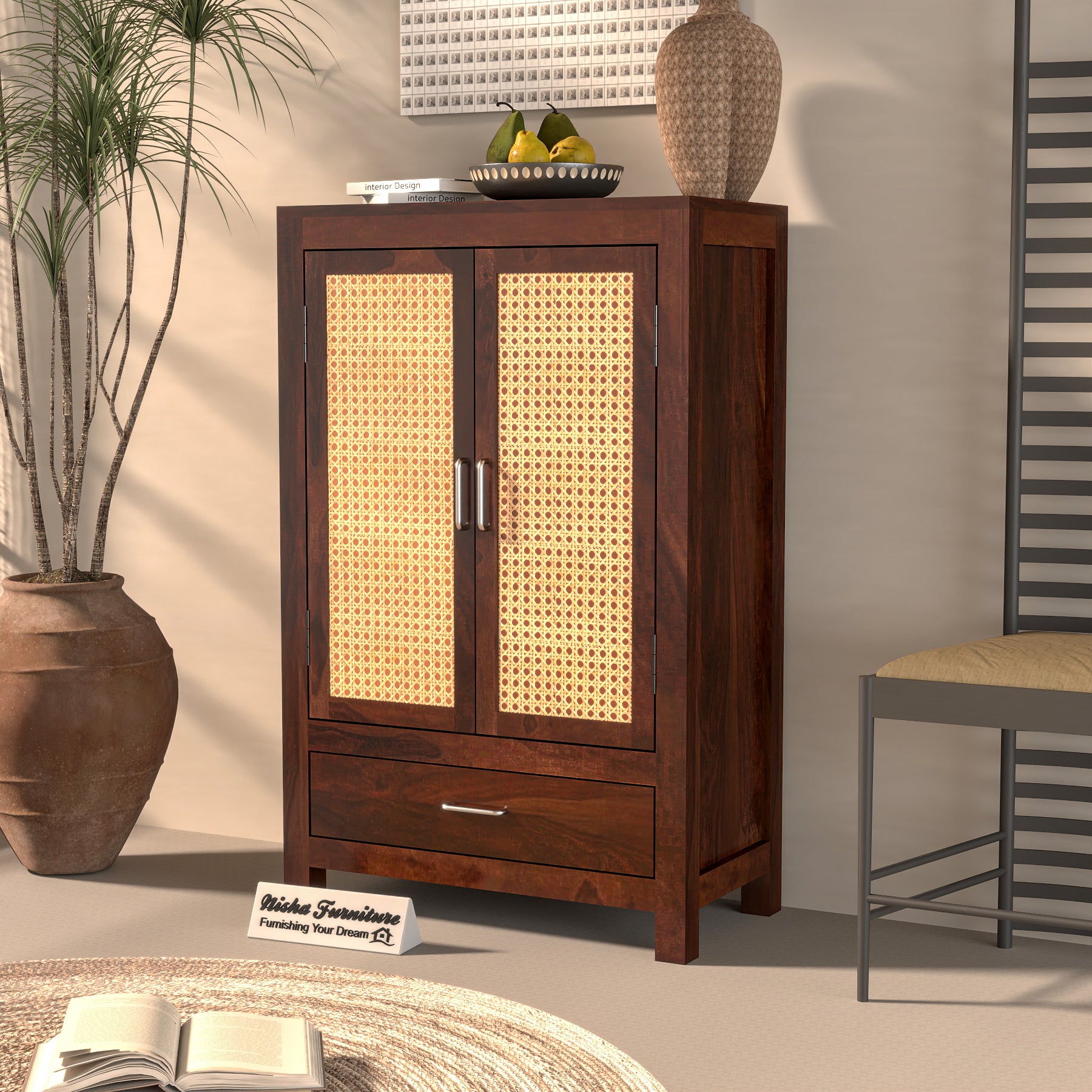 Solid Sheesham Wood Cabinet with Rattan Cane Doors & Drawer – Modern Storage Furniture