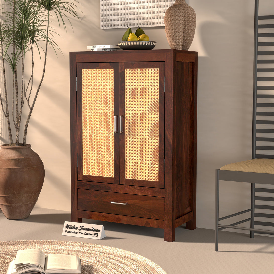 Solid Sheesham Wood Cabinet with Rattan Cane Doors & Drawer – Modern Storage Furniture