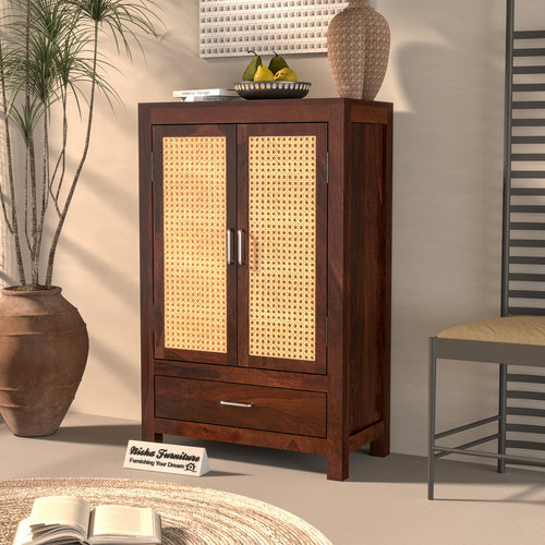 Solid Sheesham Wood Cabinet with Rattan Cane Doors & Drawer in Walnut Finish – Modern Storage Furniture
