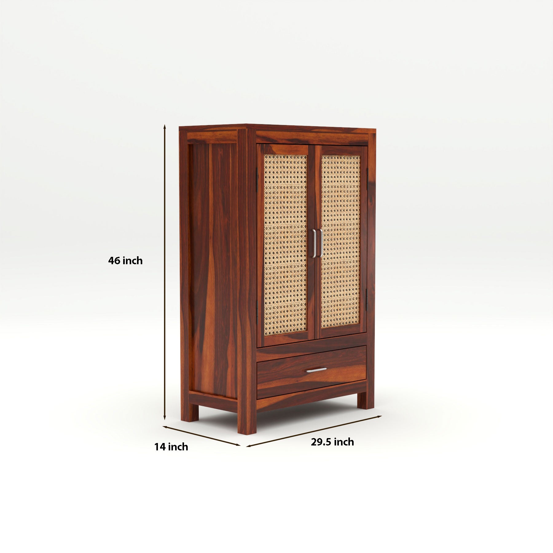 Solid Sheesham Wood Cabinet with Rattan Cane Doors & Drawer – Honey Finish