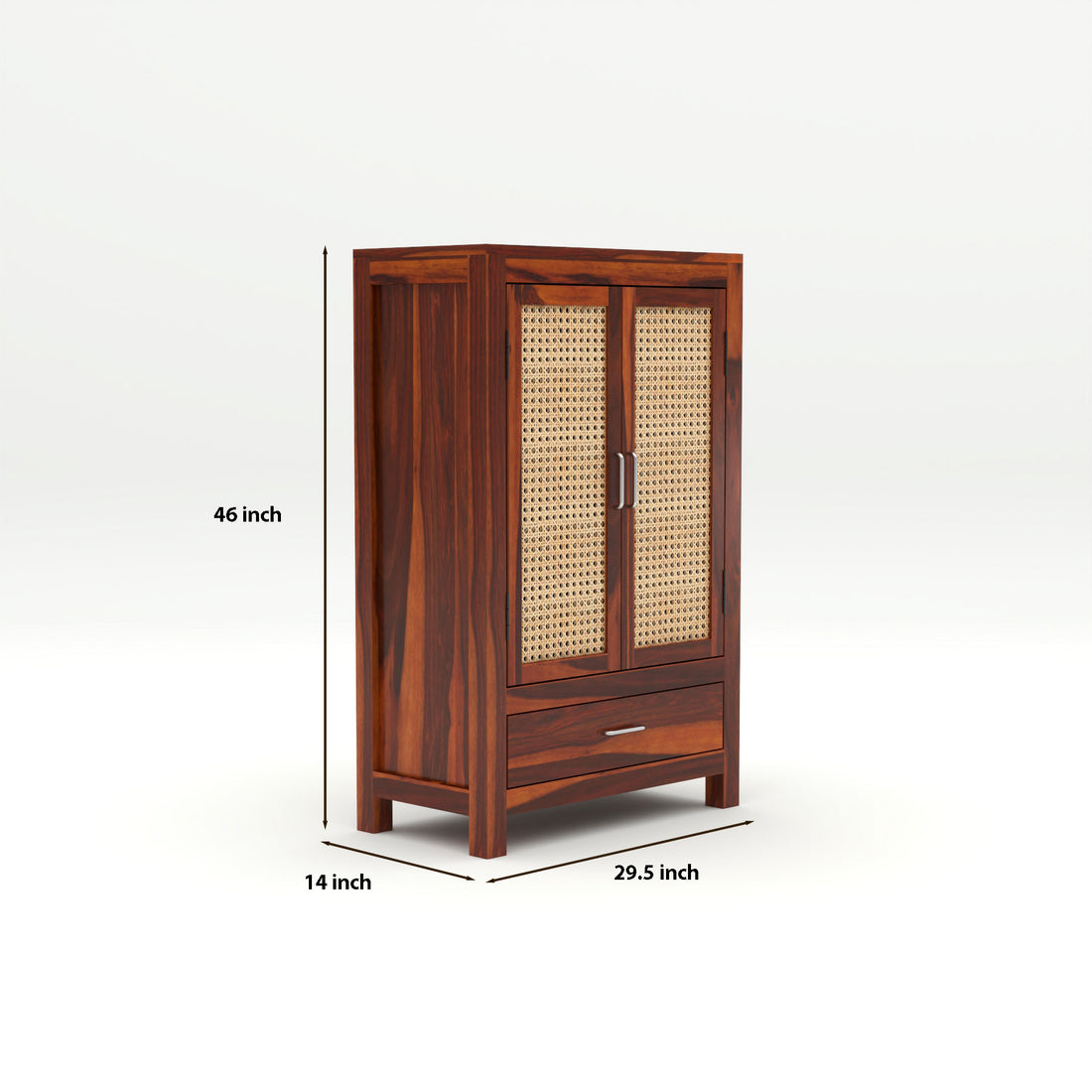 Solid Sheesham Wood Cabinet with Rattan Cane Doors & Drawer – Honey Finish