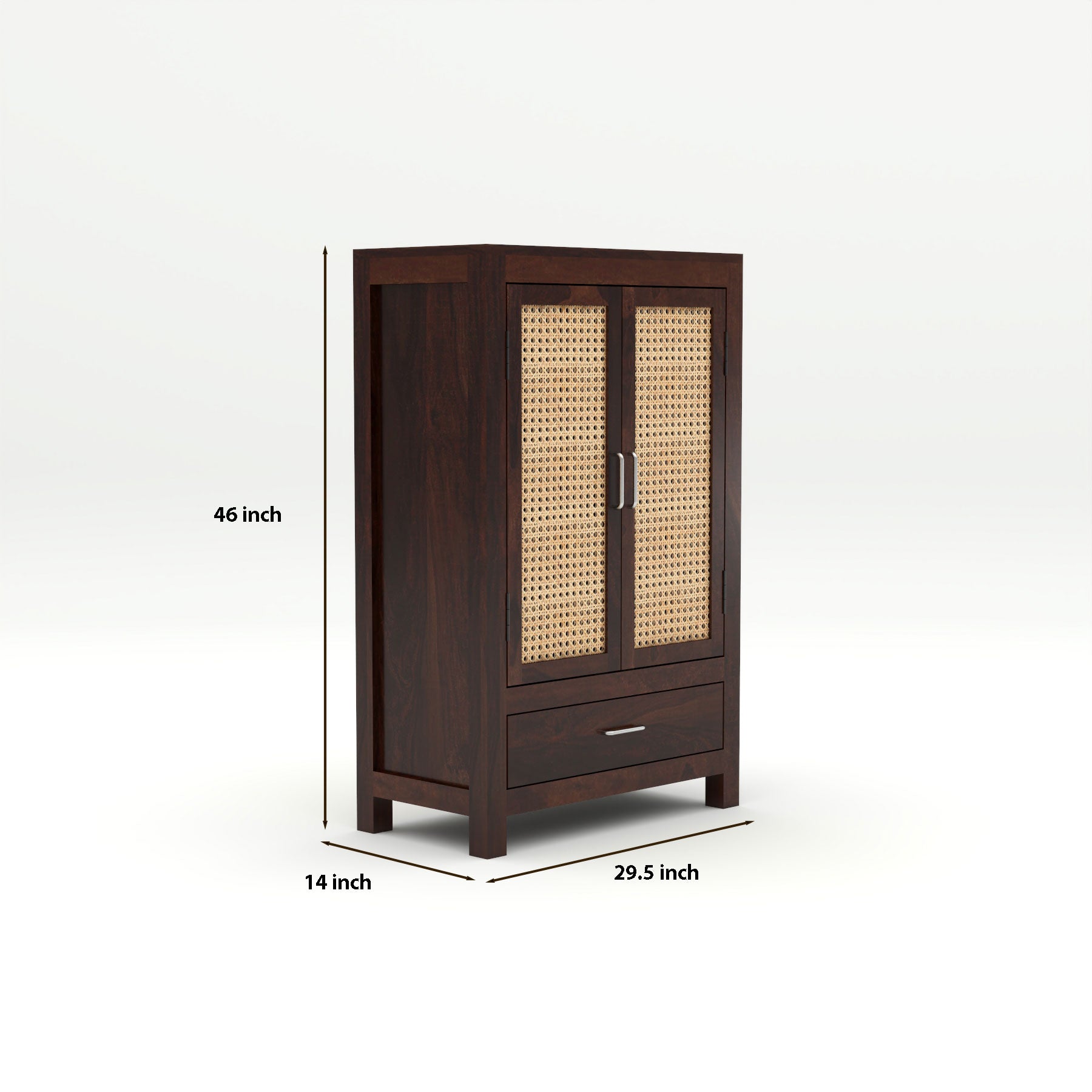 Solid Sheesham Wood Cabinet with Rattan Cane Doors & Drawer – Modern Storage Furniture