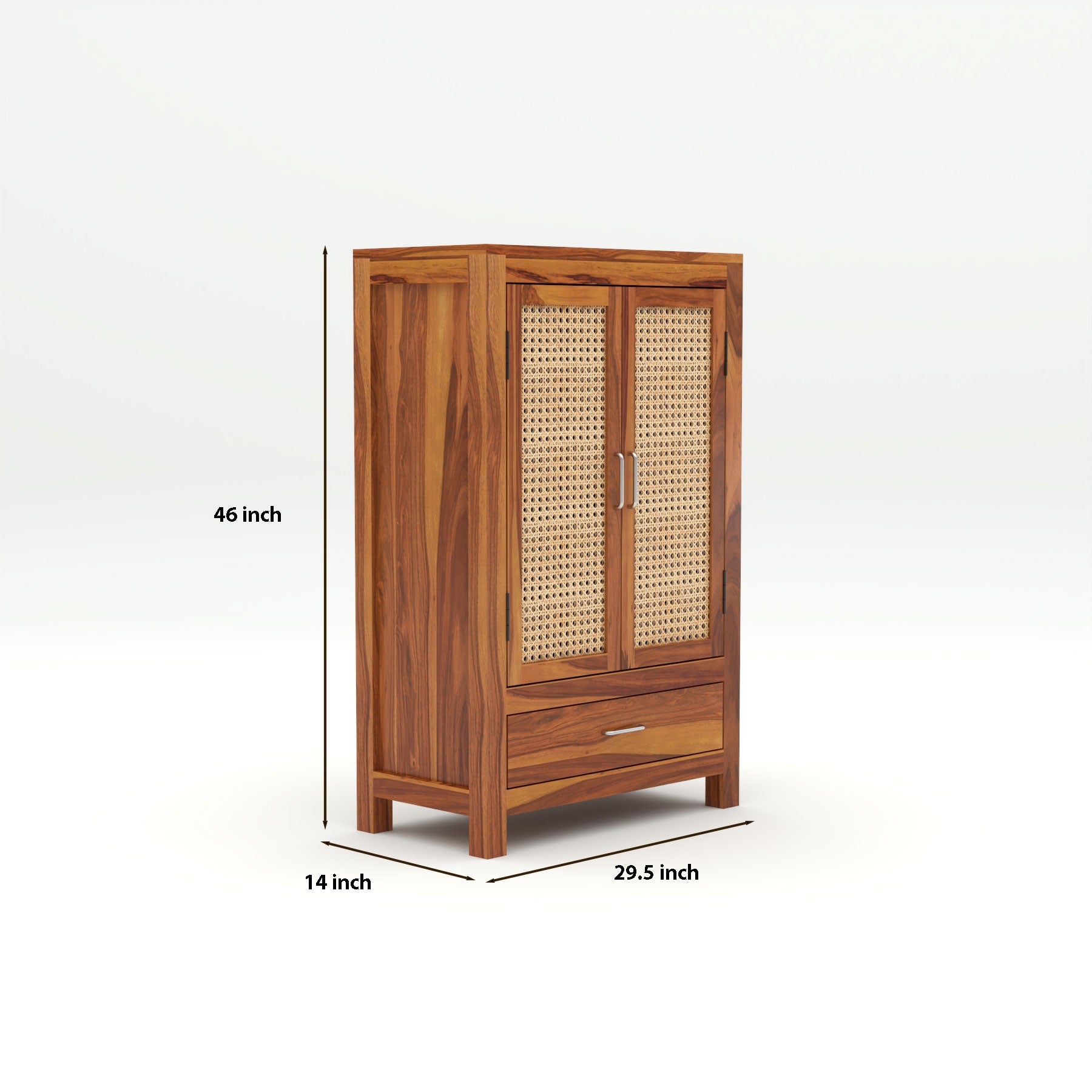 Solid Sheesham Wood Cabinet with Rattan Cane Doors & Drawer – Natural Finish