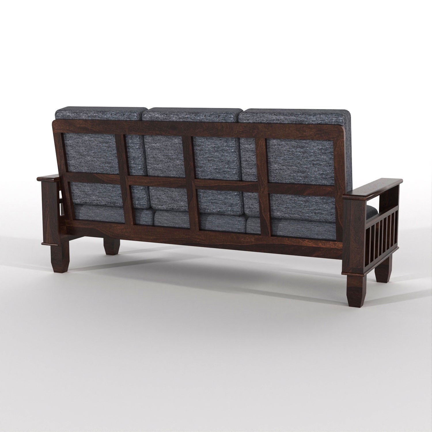 Solid Sheesham Wood 3 Seater Sofa with Grey Upholstery, Wooden Armrests and Side Storage Shelves
