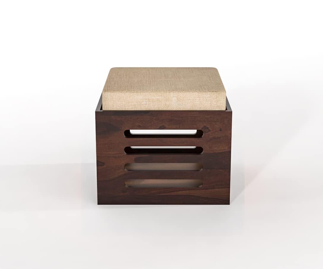 Dark Sheesham Wood Storage Ottoman Stool Set of 2 with Cushioned Seat for Living Room and Bedroom