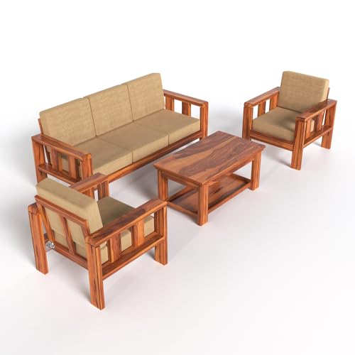 Modern 3+1+1 Wooden Sofa Set with Premium Beige Fabric | Honey Finish For Living Room