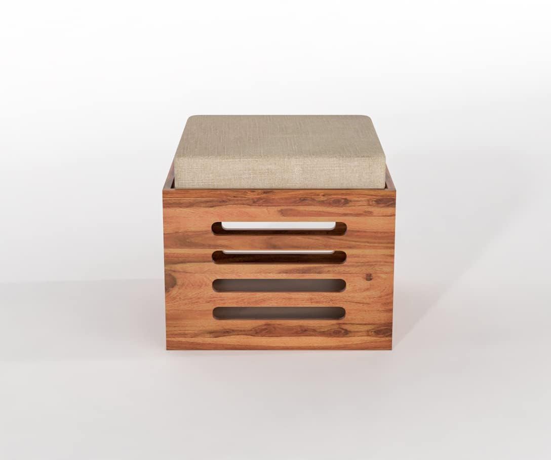 Sheesham Wood Storage Ottoman Stool Set of 2 with Cushioned Seat for Living Room and Bedroom