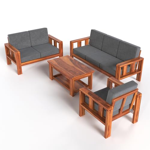 Solid Sheesham Wood Sofa Set | 3+1+1 Seater Wooden Living Room Sofa with Grey Cushions