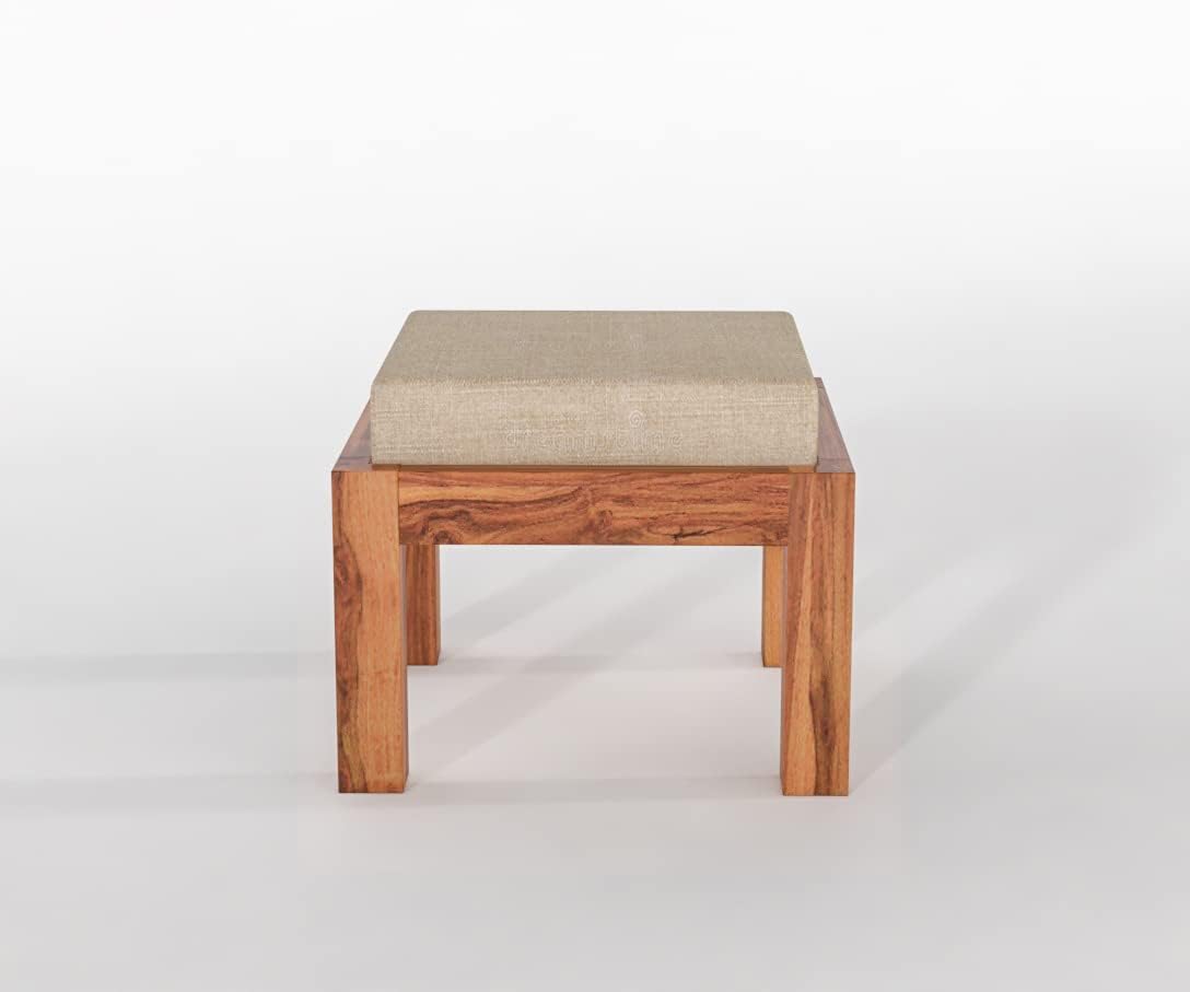 Solid Sheesham Ottoman Stool Set of 2 with Cushioned Upholstered Seat for Living Room