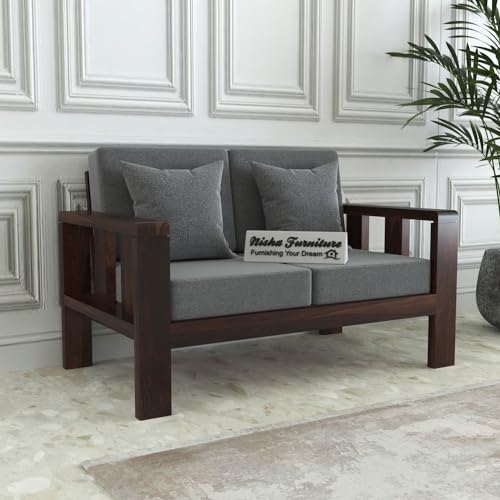 Modern 2 Seater Wooden Sofa with Dark Walnut Finish & Grey Cushion | Modren Sofa