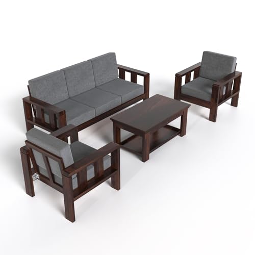 Modern 3+1+1 Wooden Sofa Set with Dark Walnut Finish & Premium Grey Fabric | Living Room Sofa Set