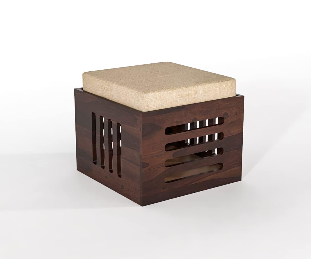 Dark Sheesham Wood Storage Ottoman Stool Set of 2 with Cushioned Seat for Living Room and Bedroom