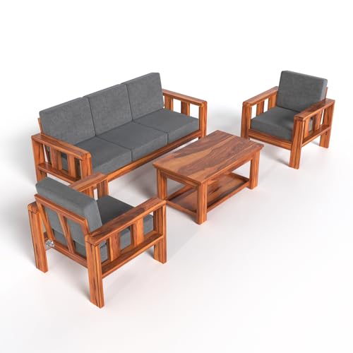 Modern 3+1+1 Wooden Sofa Set with Premium Grey Fabric | Honey Finish For Living Room