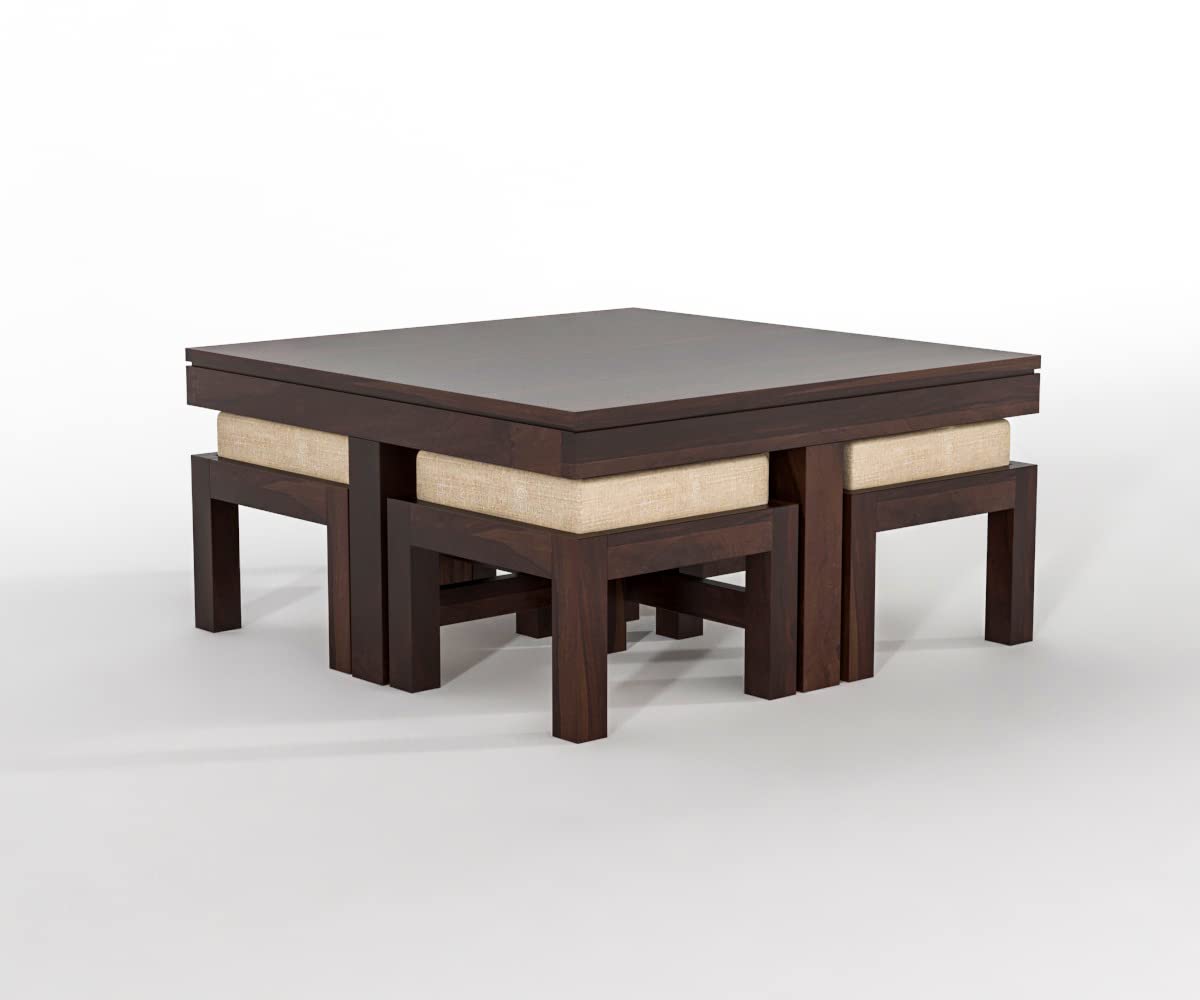 Nisha Furniture Wooden Coffee Table with 4 Cushioned Stools | Space Saving Center Table