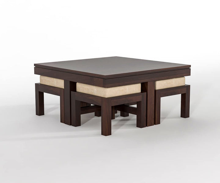 Nisha Furniture Wooden Coffee Table with 4 Cushioned Stools | Space Saving Center Table