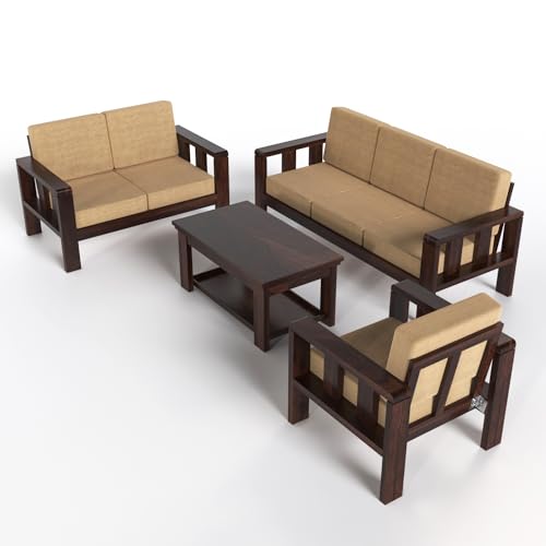 Solid Sheesham Wood Sofa Set | 3+2+1 Seater Living Room Furniture with Cushions | Walnut