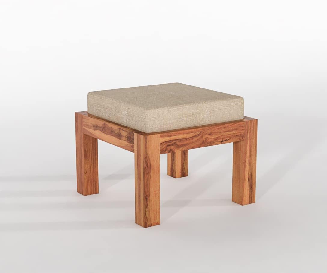 Solid Sheesham Ottoman Stool Set of 2 with Cushioned Upholstered Seat for Living Room