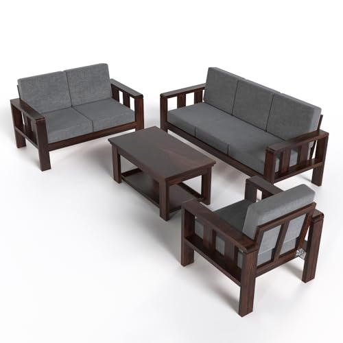 Solid Sheesham Wood Sofa Set | 3+1+1 Seater Wooden Sofa with Grey Cushions (Walnut Finish)