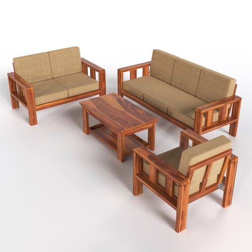 Modern 3+2+1 Wooden Sofa Set with Premium Beige Fabric | Honey Finish For Living Room