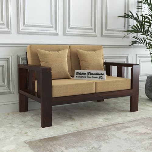 Modern 2 Seater Wooden Sofa with Premium Beige Fabric | Solid Wood Living Room Sofa