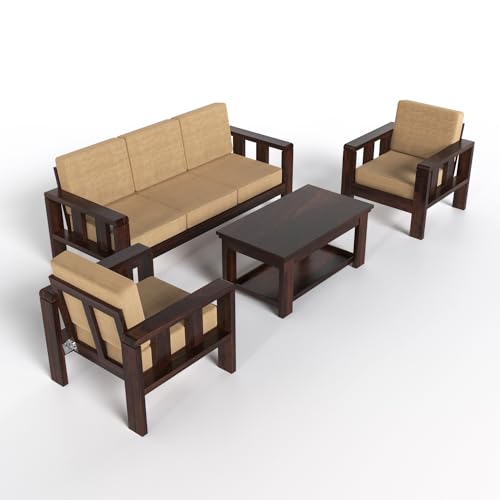 Modern 3+1+1 Wooden Sofa Set with Walnut Finish & Premium Beige Fabric | Living Room Sofa Set