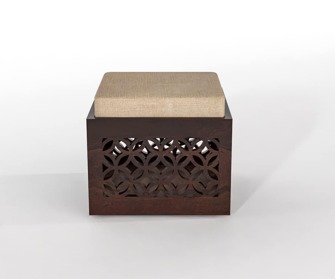 Dark Walnut Sheesham Wood Carved Storage Ottoman Stool Set of 2 with Cushioned Seat for Living Room and Bedroom