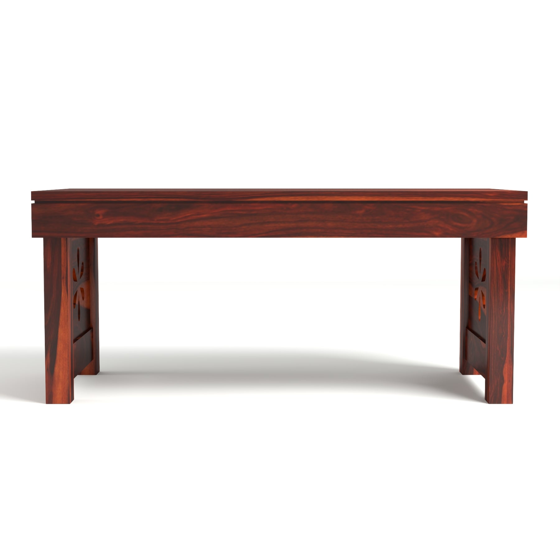 Coffee Table with 2 Cushioned Stools in Natural Finish | carved flower design