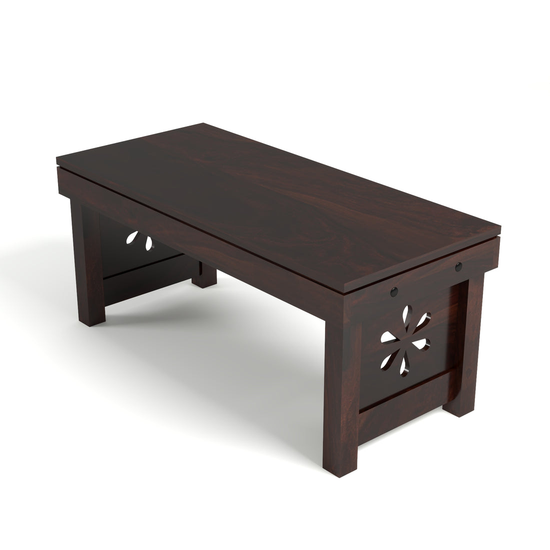 Sheesham Wood Coffee Table with 2 Cushioned Stools in Carved Floral Design | Walnut Finish
