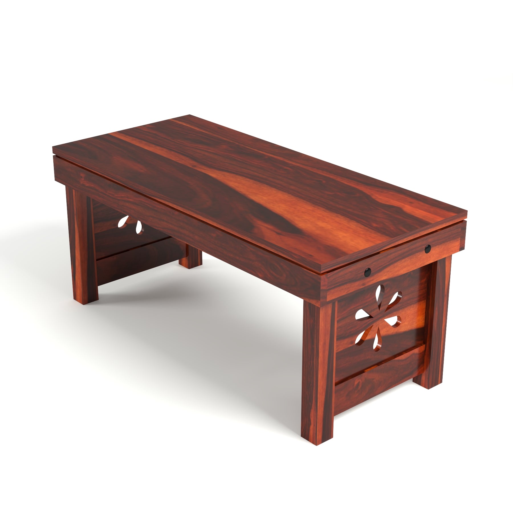 Coffee Table with 2 Cushioned Stools in Natural Finish | carved flower design