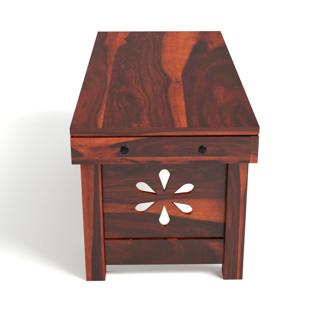 Coffee Table with 2 Cushioned Stools in Natural Finish | carved flower design