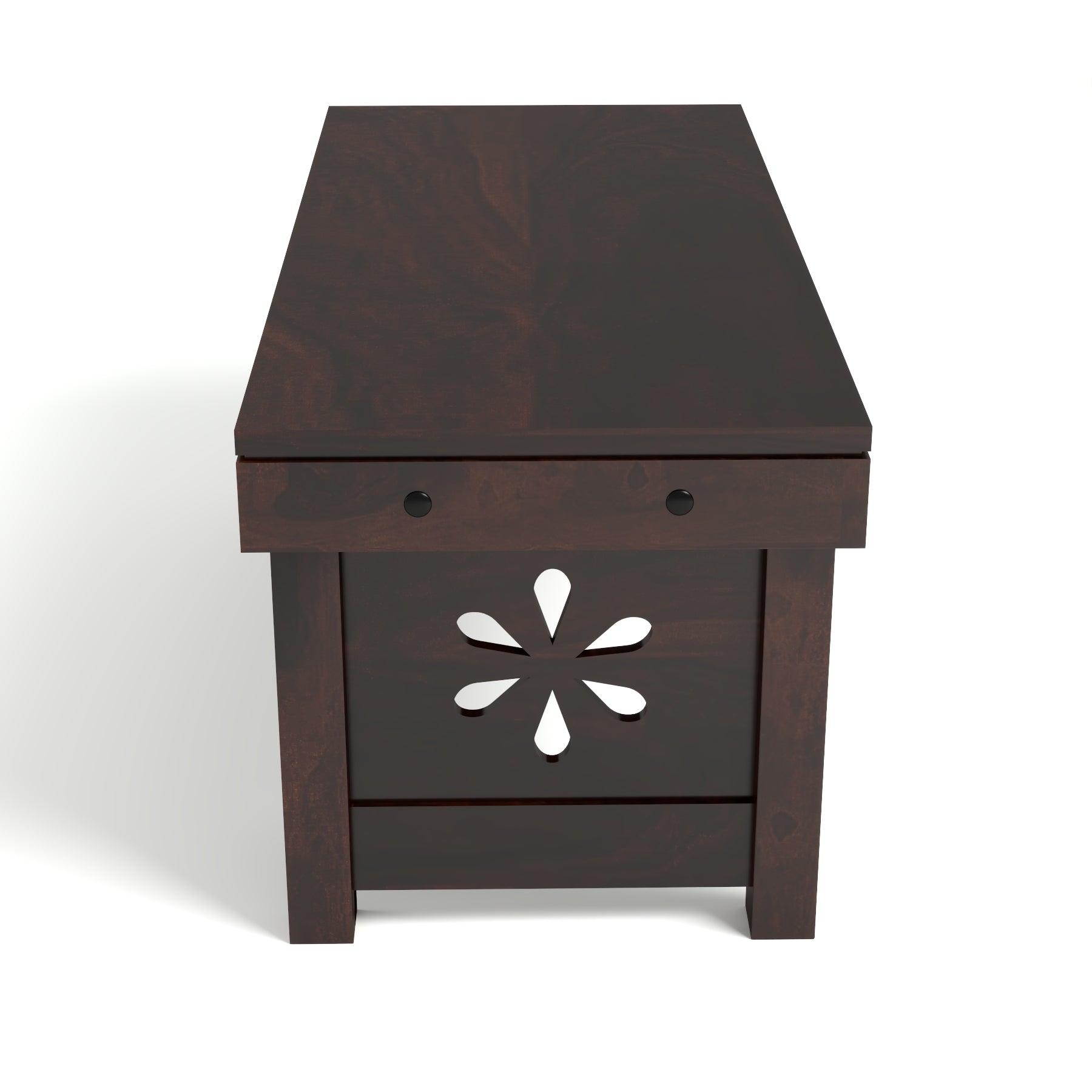 Sheesham Wood Coffee Table with 2 Cushioned Stools in Carved Floral Design | Walnut Finish