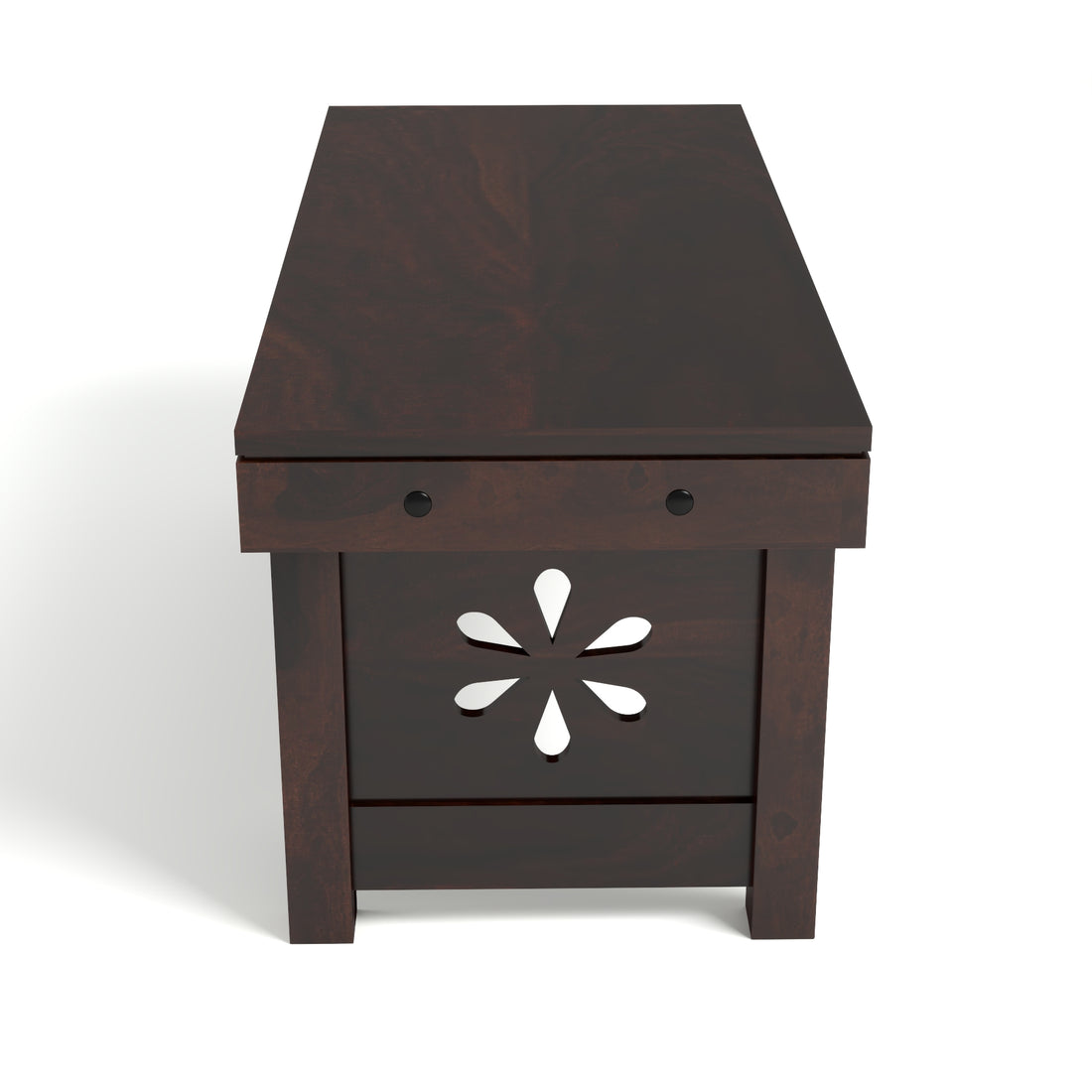 Sheesham Wood Coffee Table with 2 Cushioned Stools in Carved Floral Design | Walnut Finish