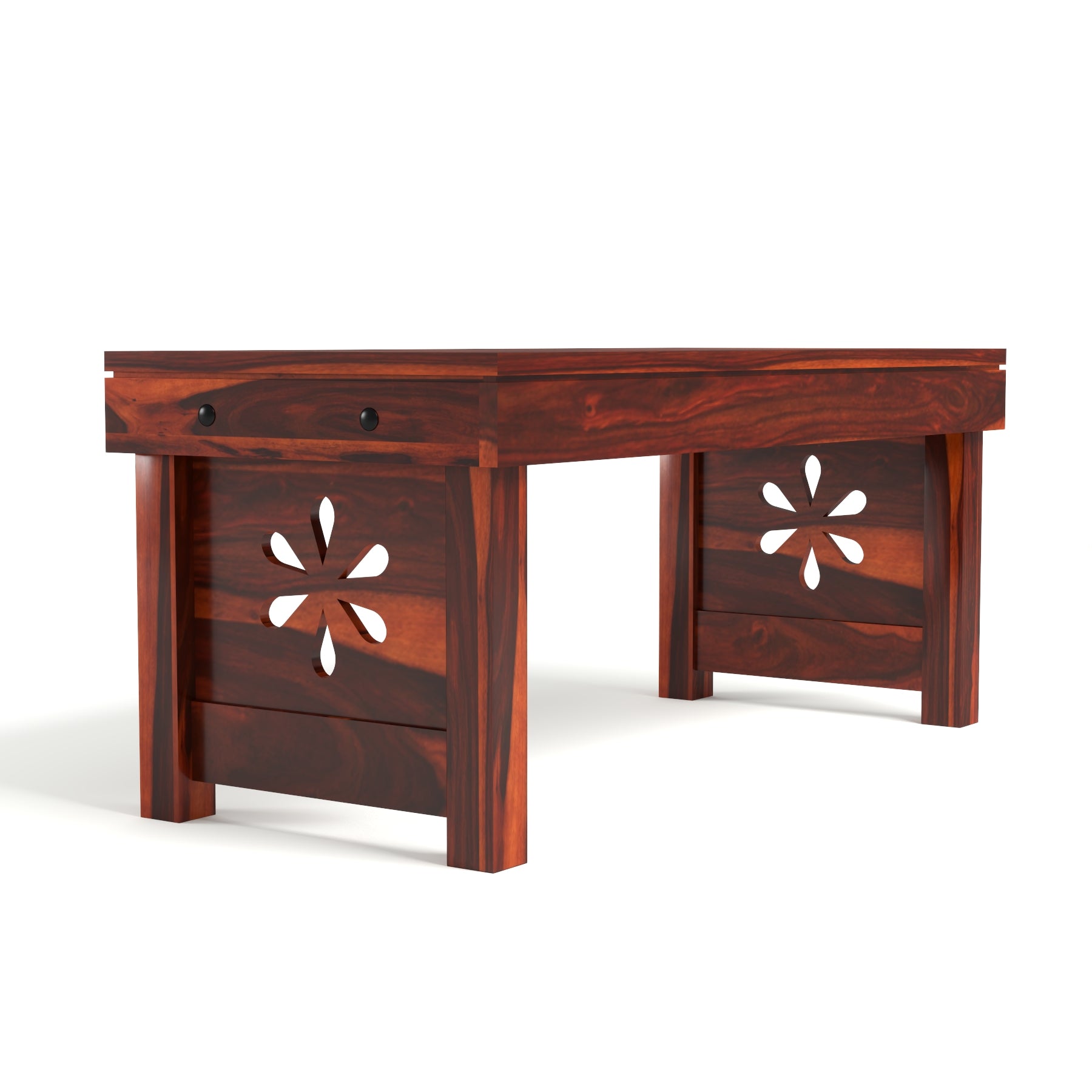 Coffee Table with 2 Cushioned Stools in Natural Finish | carved flower design