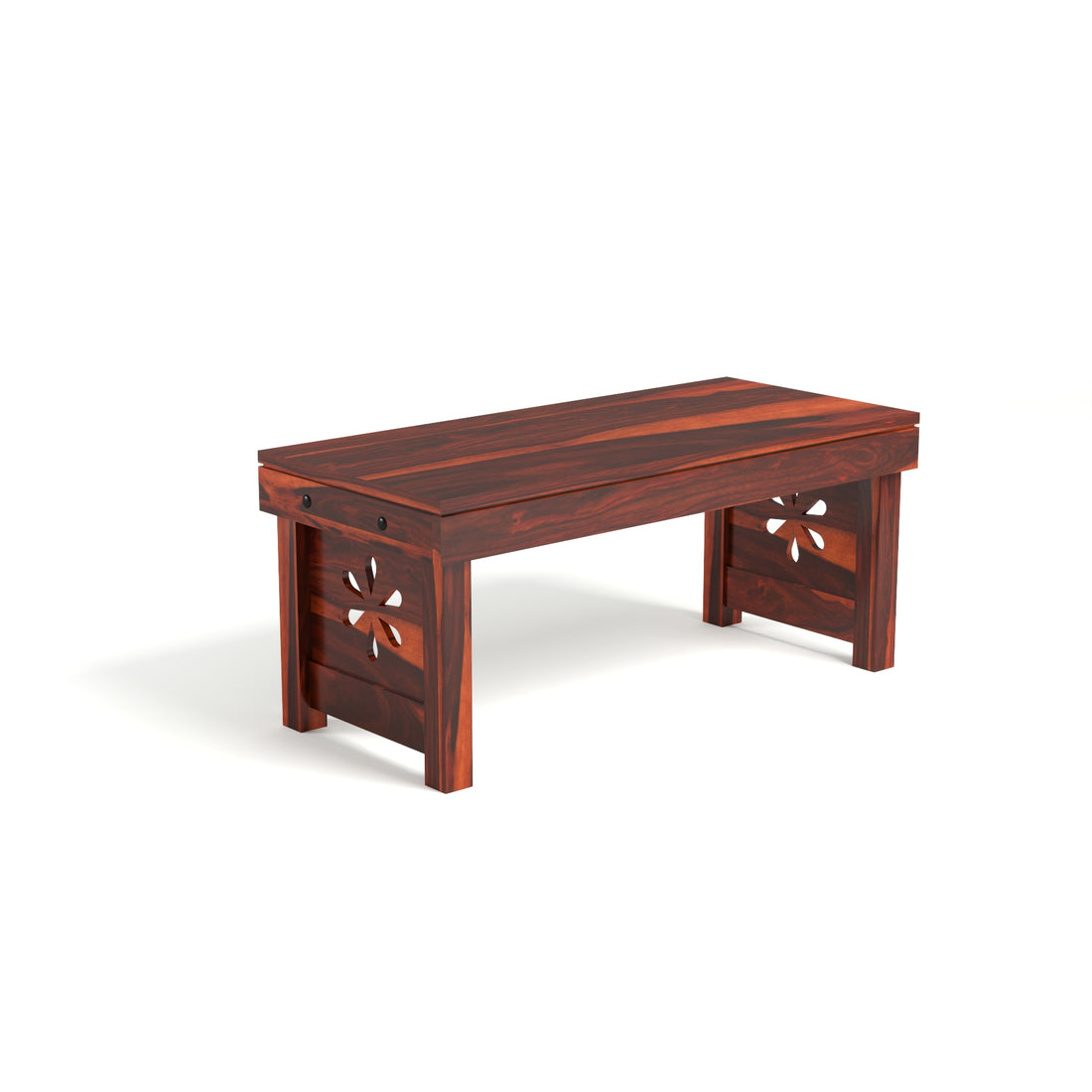 Coffee Table with 2 Cushioned Stools in Natural Finish | carved flower design