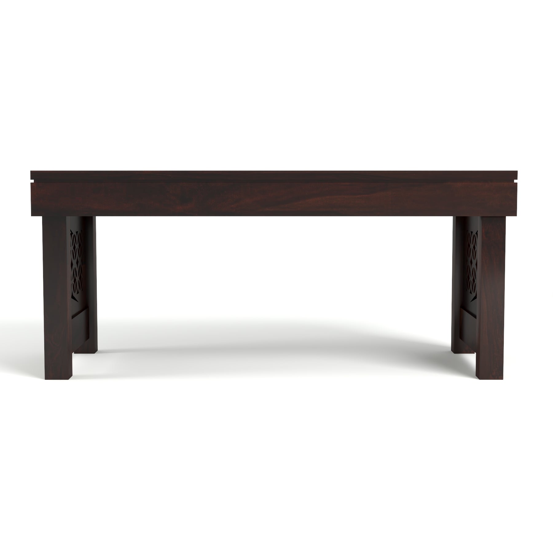 Sheesham Wood Coffee Table with 2 Cushioned Stools in Carved Floral Design | Walnut Finish