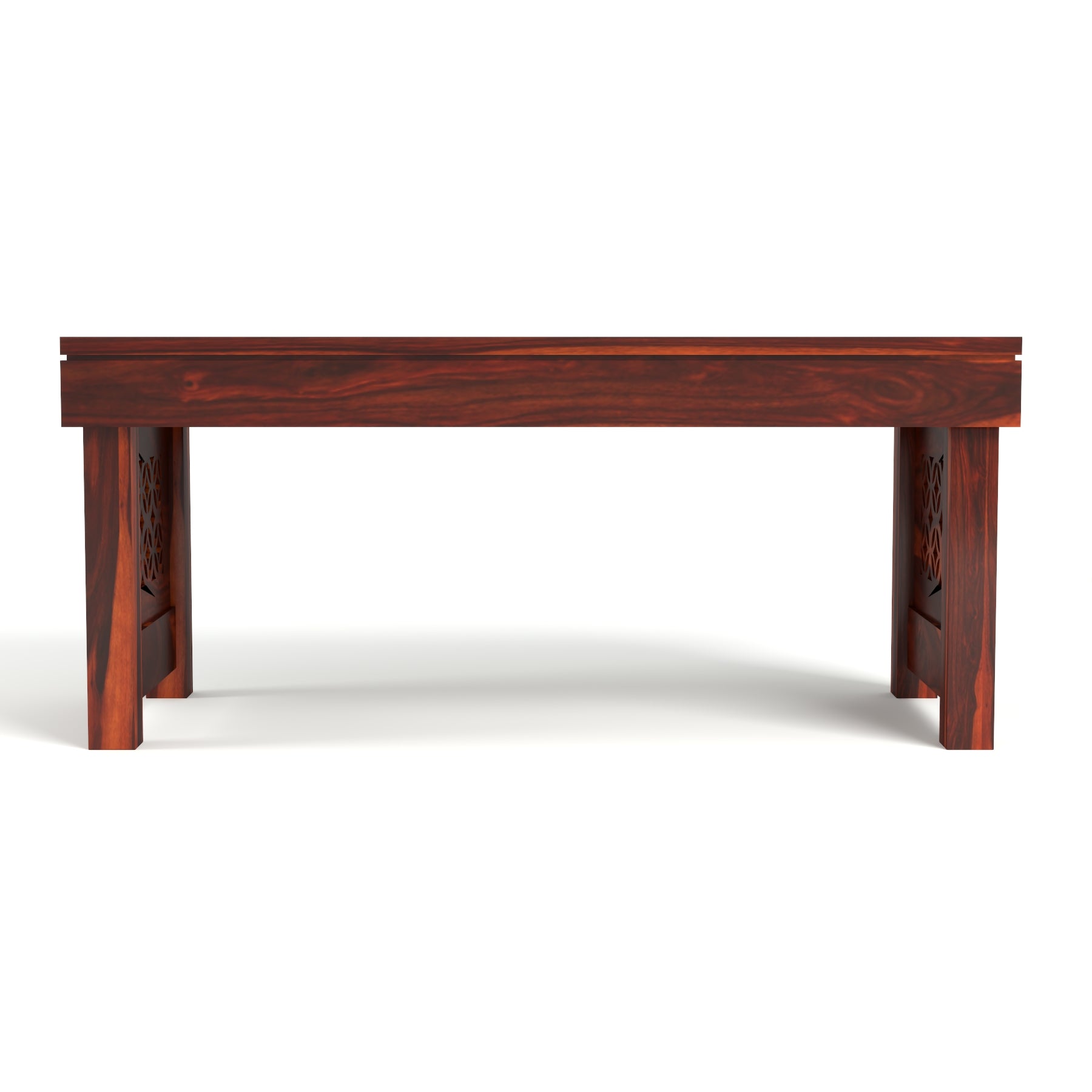 Coffee Table with 2 Designer Cushioned Stools with Jali Carved Design | Honey Finish