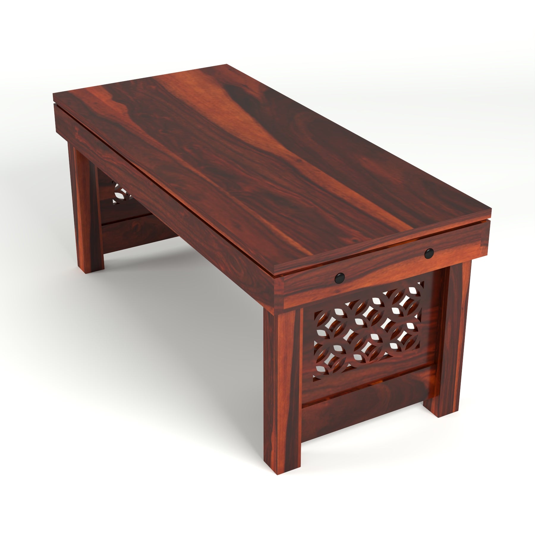 Coffee Table with 2 Designer Cushioned Stools with Jali Carved Design | Honey Finish