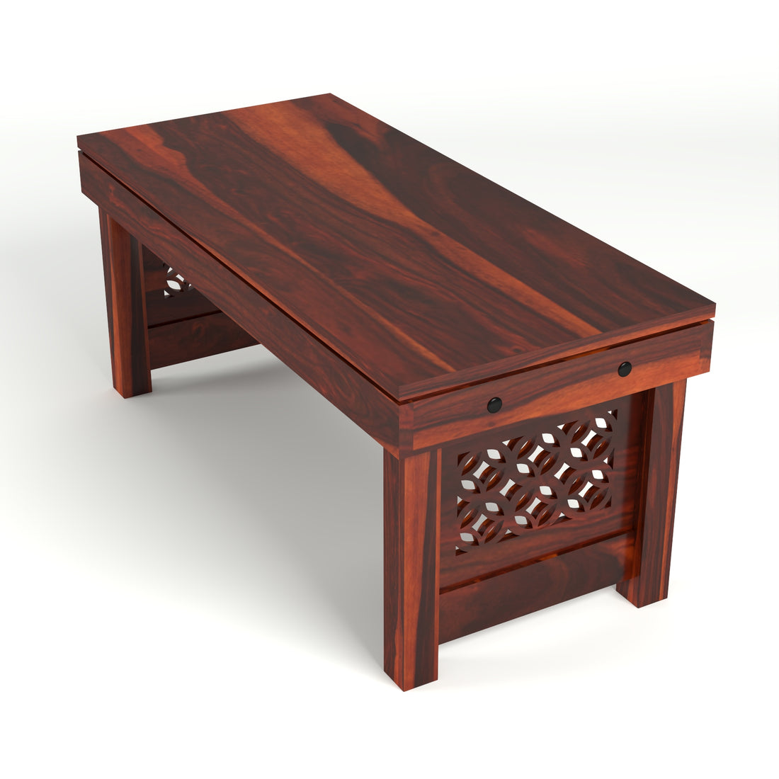 Coffee Table with 2 Designer Cushioned Stools with Jali Carved Design | Honey Finish