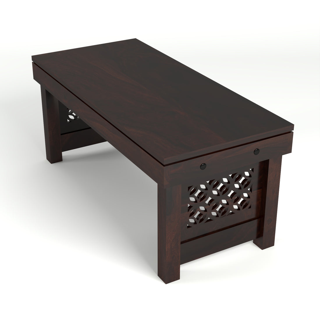 Coffee Table with 2 Designer Cushioned Stools with Carved Jali Design | Walnut Finish