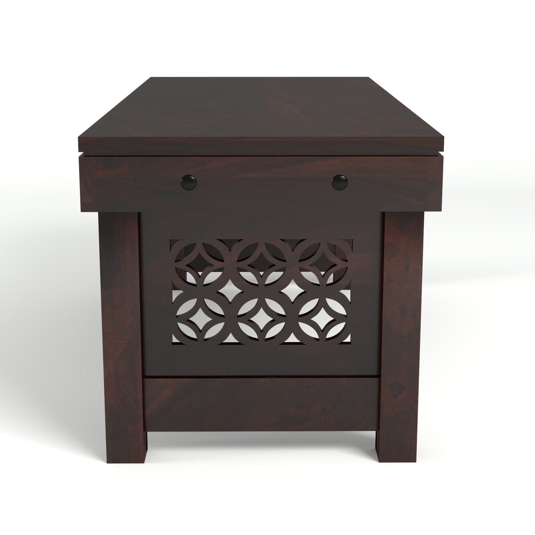Coffee Table with 2 Designer Cushioned Stools with Carved Jali Design | Walnut Finish