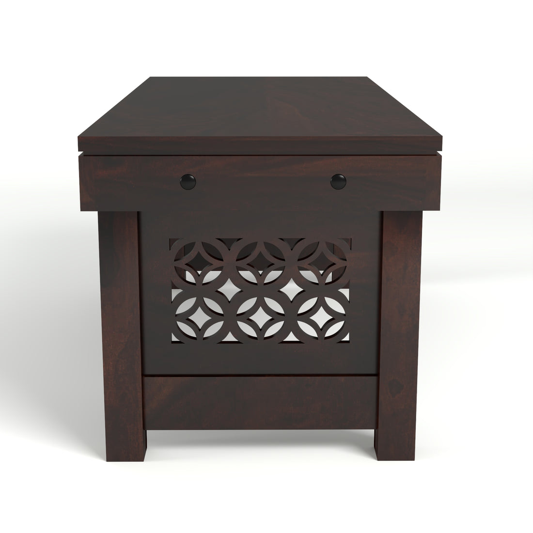 Coffee Table with 2 Designer Cushioned Stools with Carved Jali Design | Walnut Finish