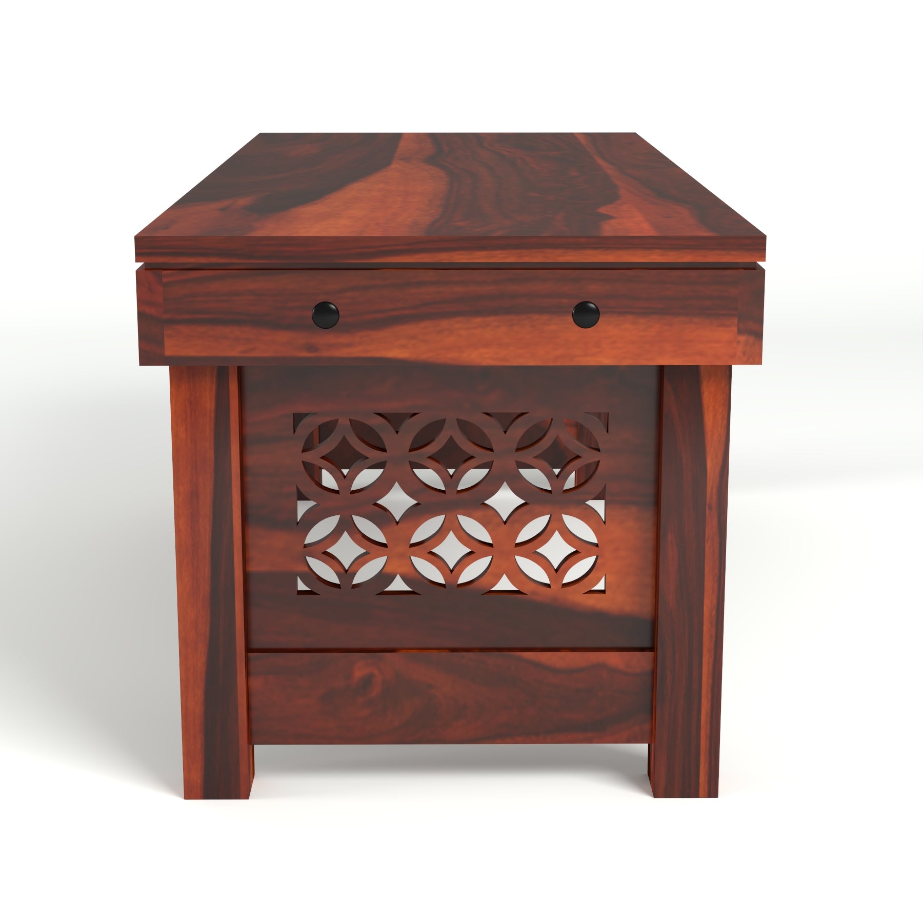 Coffee Table with 2 Designer Cushioned Stools with Jali Carved Design | Honey Finish