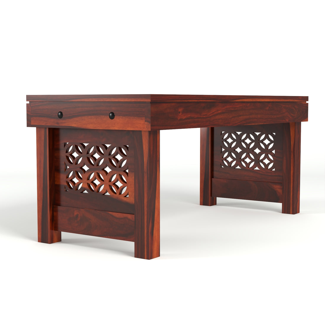 Coffee Table with 2 Designer Cushioned Stools with Jali Carved Design | Honey Finish